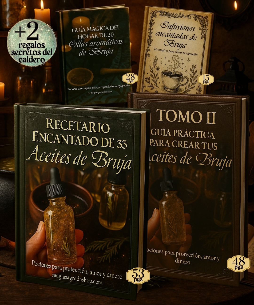 🌙📜 Recetario Encantado de 33 Aceites Sagrados de Bruja + Tomo II Crea tus Propios Aceites 🎁 +2 Bonus de Regalo