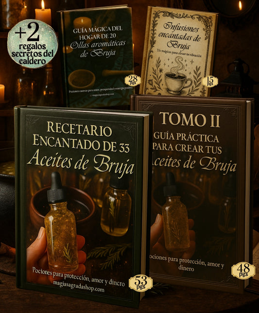 🌙📜 Recetario Encantado de 33 Aceites Sagrados de Bruja + Tomo II Crea tus Propios Aceites 🎁 +2 Bonus de Regalo